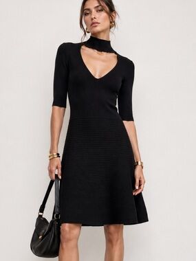 Cushnie Et Ochs  Black Choker Cutout Knit Dress Fit Flare Ribbed Midi Dress M